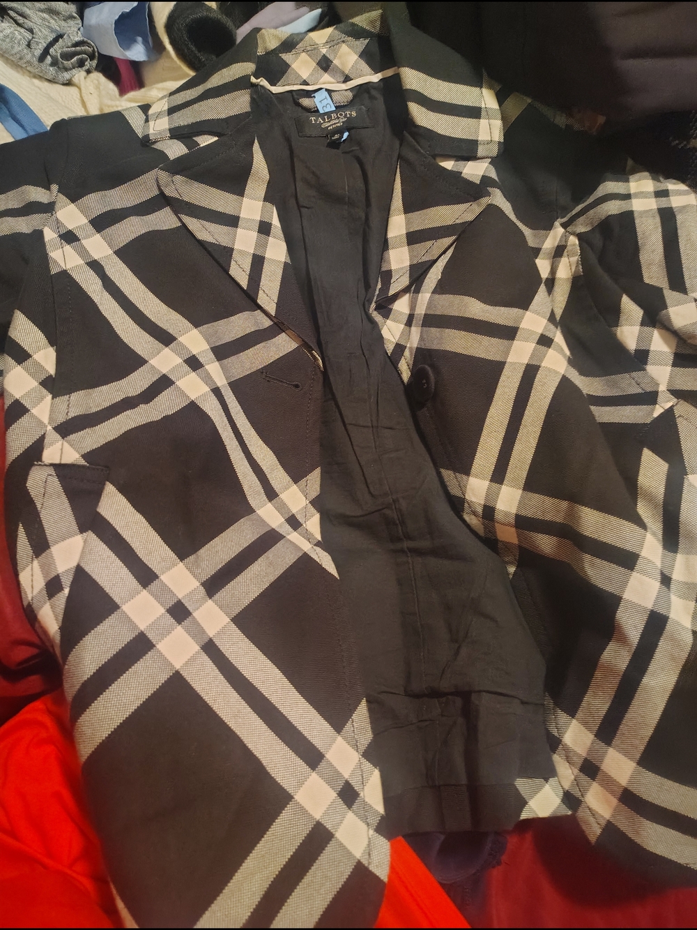 Talbots Black and Cream Plaid Blazer Jacket